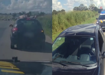 homem-viaja-nu-no-teto-de-carro-a-100-km/h-na-br-153-em-goias;-condutor-estava-bebado